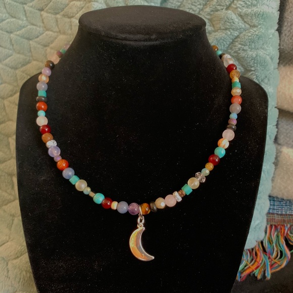 Assorted beads necklace with moon charm - Picture 2 of 3